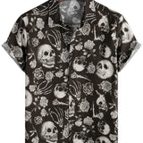 Chemise en Coton à Boutons Cool avec Crâne Rose Floral pour Homme, Punk Rock and Roll