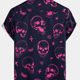Chemise en coton hawaïenne Aloha pour homme avec imprimé de crâne rose et boutons à manches courtes