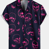 Chemise en coton hawaïenne Aloha pour homme avec imprimé de crâne rose et boutons à manches courtes