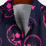 Chemise en coton hawaïenne Aloha pour homme avec imprimé de crâne rose et boutons à manches courtes
