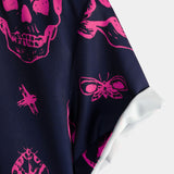 Chemise en coton hawaïenne Aloha pour homme avec imprimé de crâne rose et boutons à manches courtes