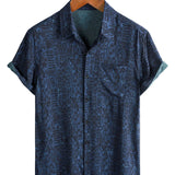 Chemise à Manches Courtes en Coton Boho pour Homme en Bleu Marine avec Imprimé Tribal Géométrique