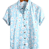 Chemise en Coton d'Été à Manches Courtes Hawaïenne pour Homme en Bleu avec Fleurs de Marguerite