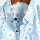Chemise en Coton d'Été à Manches Courtes Hawaïenne pour Homme en Bleu avec Fleurs de Marguerite