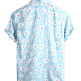 Chemise en Coton d'Été à Manches Courtes Hawaïenne pour Homme en Bleu avec Fleurs de Marguerite