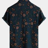 Chemise à Manches Courtes en Coton avec Boutons pour Homme, Florale, Bleu Marine d'Été