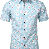 Chemise en Coton d'Été à Manches Courtes Hawaïenne pour Homme en Bleu avec Fleurs de Marguerite