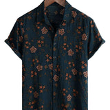 Chemise à Manches Courtes en Coton avec Boutons pour Homme, Florale, Bleu Marine d'Été