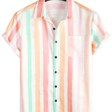 Chemise d'Homme en Coton d'Été Rose et Blanche à Rayures Verticales avec Boutons et Poche à Manches Courtes