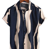 Chemise en Coton pour Homme Retro Casual à Rayures d'Été Bleu Marine à Manches Courtes avec Boutons