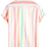 Chemise d'Homme en Coton d'Été Rose et Blanche à Rayures Verticales avec Boutons et Poche à Manches Courtes