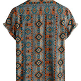 Chemise à Manches Courtes en Coton avec Boutons et Imprimé Aztèque des Années 70