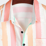 Chemise d'Homme en Coton d'Été Rose et Blanche à Rayures Verticales avec Boutons et Poche à Manches Courtes