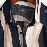 Chemise en Coton pour Homme Retro Casual à Rayures d'Été Bleu Marine à Manches Courtes avec Boutons