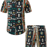 Ensemble de Chemise en Coton et Short Coordonné Vert Vintage Boho des Années 70 pour Homme