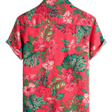 Chemise Hawaïenne à Manches Courtes en Coton avec Fleurs Rouges pour Homme