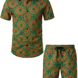 Ensemble de Chemise en Coton et Short Coordonné Vert Vintage Boho des Années 70 pour Homme
