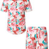 Ensemble de Chemise en Coton et Shorts Hawaïens avec Imprimé de Flamant Rose pour Homme