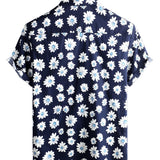 Chemise à Manches Courtes en Coton Hawaïenne pour Homme en Bleu Marine avec Marguerites