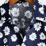 Chemise à Manches Courtes en Coton Hawaïenne pour Homme en Bleu Marine avec Marguerites