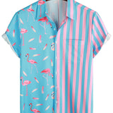 Chemise à Manches Courtes en Coton avec Imprimé de Flamants Roses et Rayures pour Homme