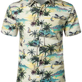 Ensemble de Chemise en Coton et Shorts d'Été Décontractés Hawaïens pour Hommes avec Palmiers Beiges
