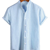 Chemise en Coton pour Homme avec Col Montant de Couleur Unie et Manches Courtes à Rayures Verticales Classiques