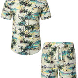 Ensemble de Chemise en Coton et Shorts d'Été Décontractés Hawaïens pour Hommes avec Palmiers Beiges