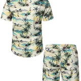 Ensemble de Chemise en Coton et Shorts d'Été Décontractés Hawaïens pour Hommes avec Palmiers Beiges