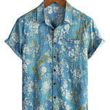 Chemise à Manches Courtes en Coton avec Imprimé Floral Bleu pour Homme