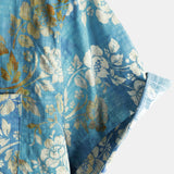 Chemise à Manches Courtes en Coton avec Imprimé Floral Bleu pour Homme