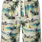 Ensemble de Chemise en Coton et Shorts d'Été Décontractés Hawaïens pour Hommes avec Palmiers Beiges