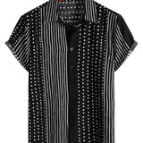 Chemise en Coton Retro Noire à Rayures et à Pois pour Homme, à Boutons et à Manches Courtes