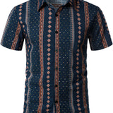 Chemise à Manches Courtes en Coton avec Boutons pour Homme, Rétro des Années 70, Rayures, Bleu Marine, Vintage