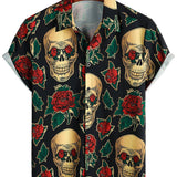 Chemise à Manches Courtes en Coton avec Imprimé de Crâne et Rose pour Homme