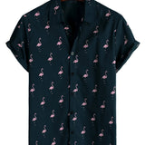Chemise Casual en Coton Hawaïenne à Manches Courtes avec Boutons de Flamant Tropical pour Homme