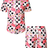 Ensemble de Chemise en Coton et Shorts Hawaïens avec Imprimé de Flamant Rose pour Homme