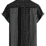 Chemise en Coton Retro Noire à Rayures et à Pois pour Homme, à Boutons et à Manches Courtes