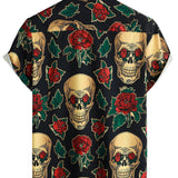 Chemise à Manches Courtes en Coton Amusante avec Crâne Rose pour Homme