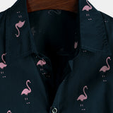 Chemise Casual en Coton Hawaïenne à Manches Courtes avec Boutons de Flamant Tropical pour Homme