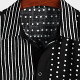 Chemise en Coton Retro Noire à Rayures et à Pois pour Homme, à Boutons et à Manches Courtes