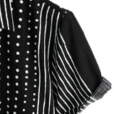 Chemise en Coton Retro Noire à Rayures et à Pois pour Homme, à Boutons et à Manches Courtes