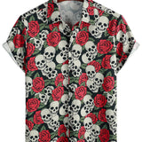 Chemise à Manches Courtes en Coton avec Imprimé de Crâne et Rose pour Homme