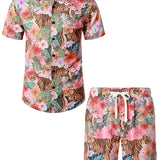 Ensemble de Chemise en Coton et Shorts Hawaïens avec Imprimé de Flamant Rose pour Homme