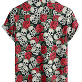 Chemise à Manches Courtes en Coton avec Imprimé de Crâne et Rose pour Homme