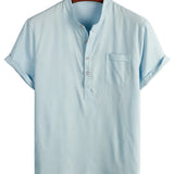 Chemise en Coton pour Homme de Couleur Unie avec Col Montant et Demi-Bouton, avec Poche Frontale