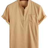 Chemise en Coton pour Homme de Couleur Unie avec Col Montant et Demi-Bouton, avec Poche Frontale