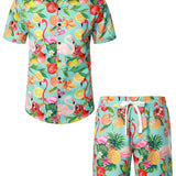 Ensemble de Chemise en Coton et Shorts Hawaïens avec Imprimé de Flamant Rose pour Homme