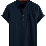 Chemise en Coton pour Homme de Couleur Unie avec Col Haut et Bouton Moyen, avec Poche Frontale