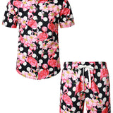 Ensemble de Chemise en Coton et Shorts Hawaïens avec Imprimé de Flamant Rose pour Homme